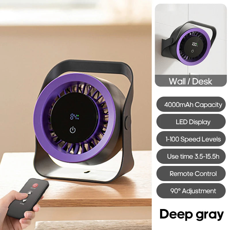 Newest Portable 4000mAh Rechargeable Table Fan Angle Adjustable Wall Fan Remote Control Touch Screen Mini High-speed Cooling Fan