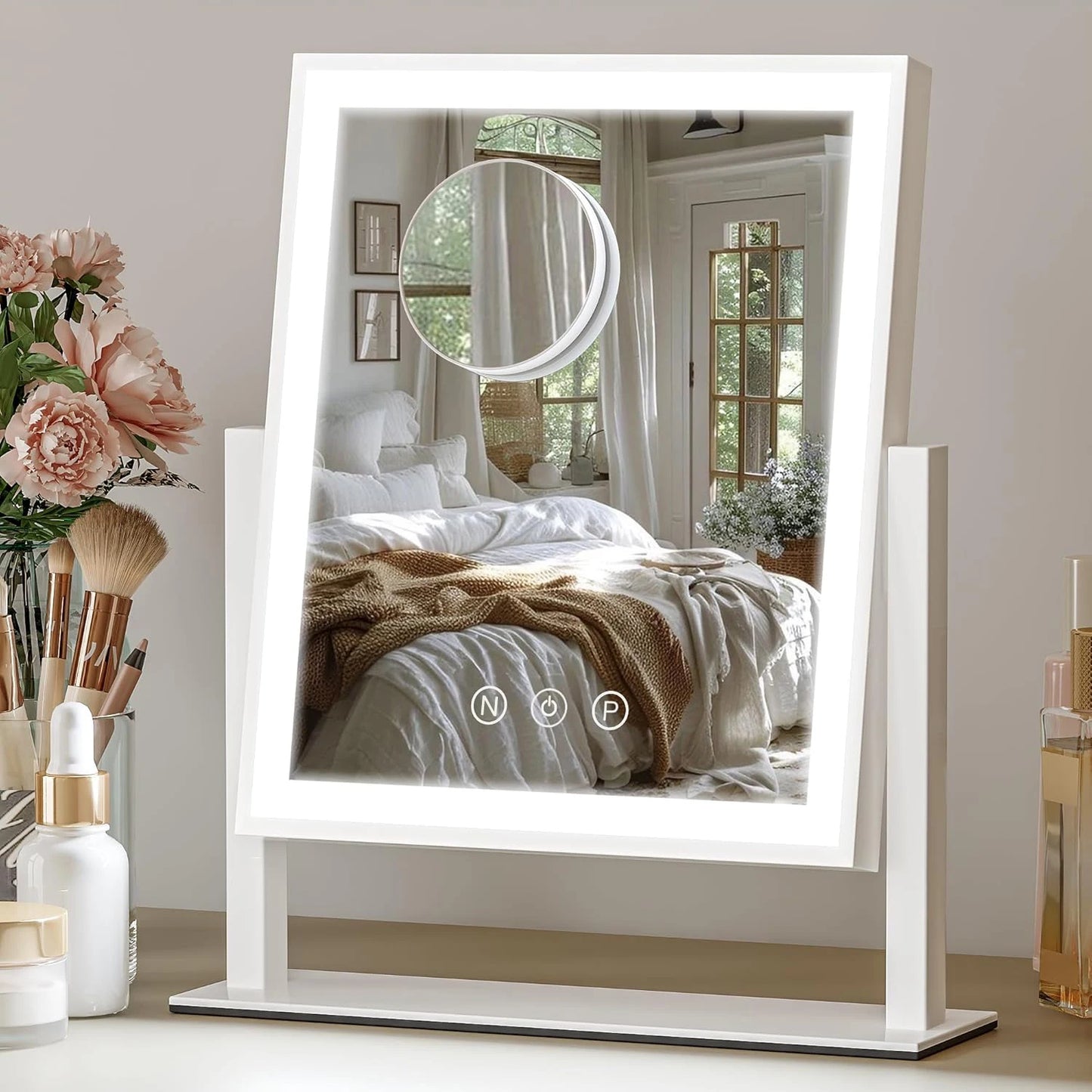 Hollywood Vanity Mirror with 10X Magnifier, 3-Color Lighting Dimmable Lighted Makeup Mirror with Smart Touch and 360° Rotation