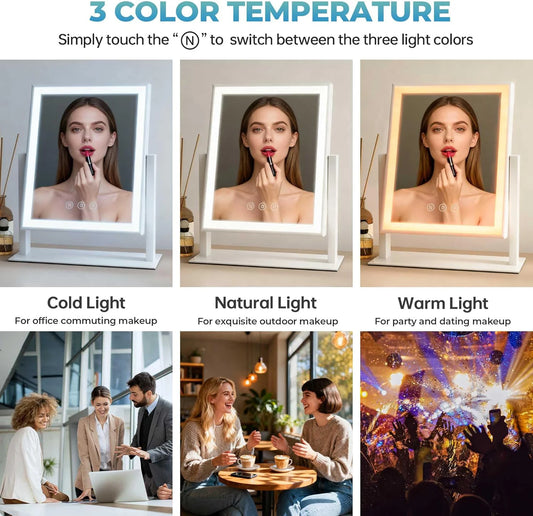 Hollywood Vanity Mirror with 10X Magnifier, 3-Color Lighting Dimmable Lighted Makeup Mirror with Smart Touch and 360° Rotation