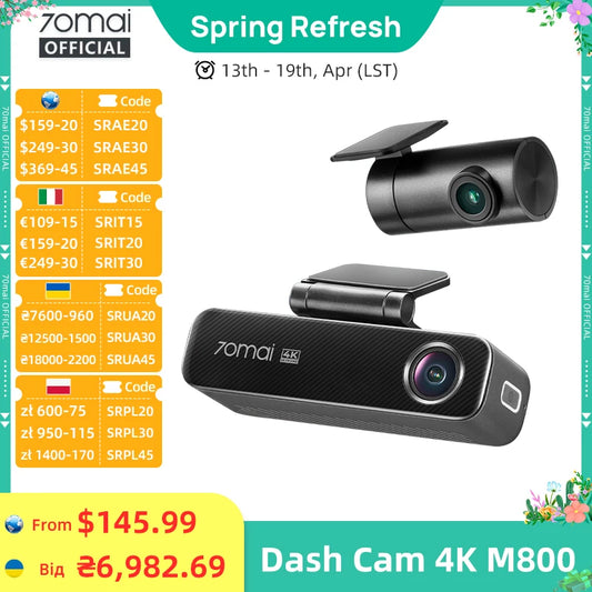 70mai Dash Cam 4K M800 eMMC 128GB HDR Built-in GPS ADAS 24H Parking Monitor LTE 4G Compatible Voice Control Car DVR 70mai M800
