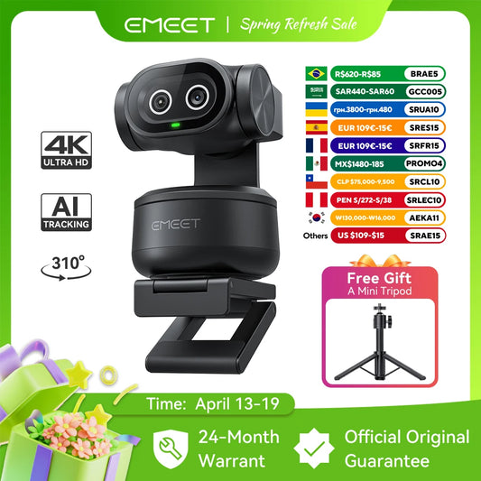 4K Webcam PTZ Web Camera EMEET PIXY Dual-Camera AI Tracking Video Camera for Streaming With SonySensor Gesture Control Autofocus