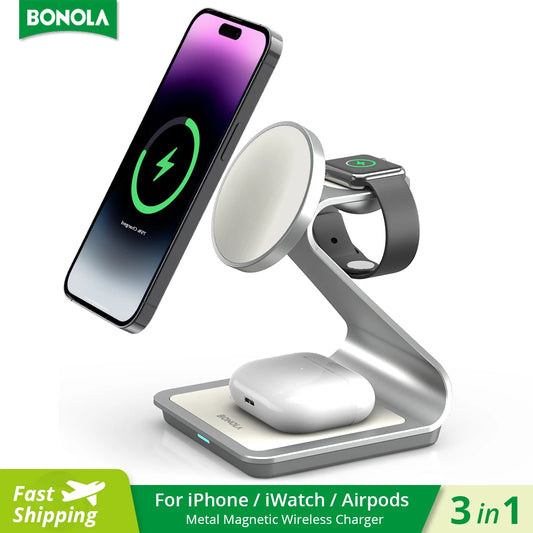 Bonola Magnetic 3 in 1 Wireless Charger for iPhone 17/16/15/13/14/12 30W Wireless Charging Station for Apple Watch/AirPods Pro