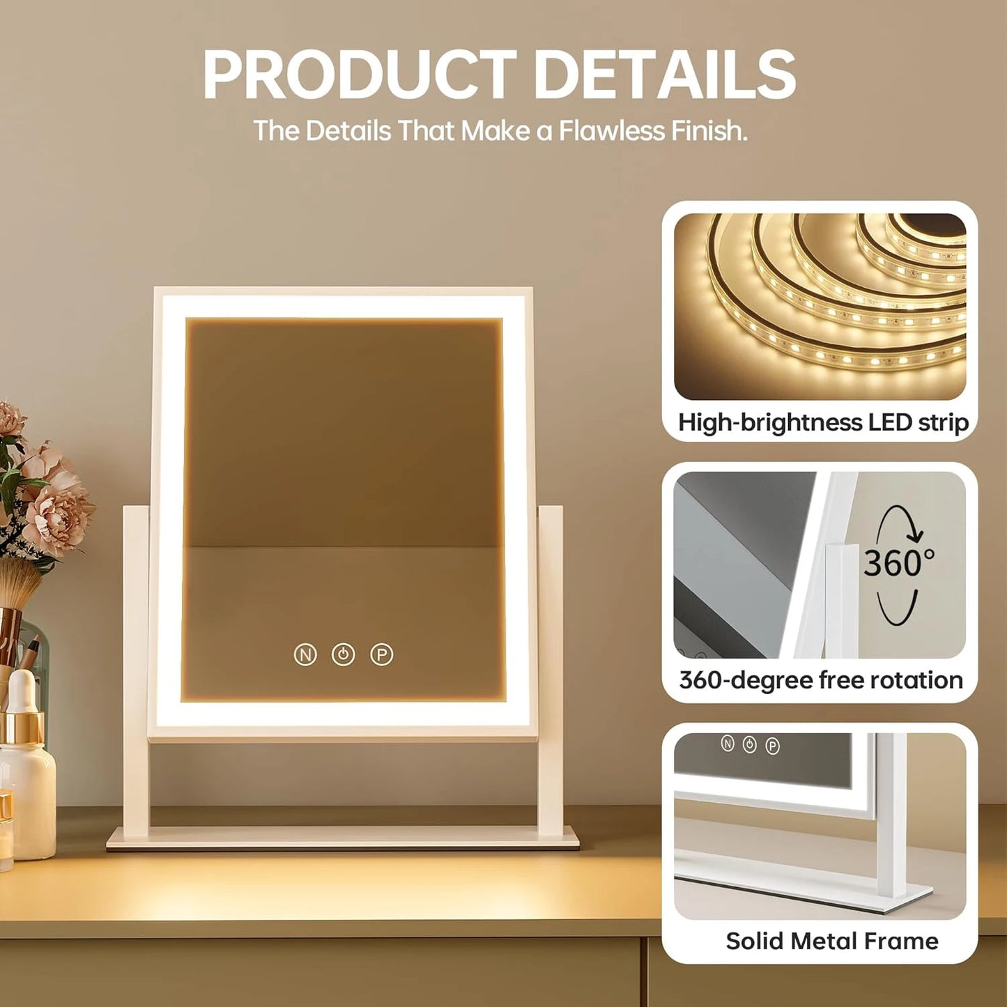 Hollywood Vanity Mirror with 10X Magnifier, 3-Color Lighting Dimmable Lighted Makeup Mirror with Smart Touch and 360° Rotation