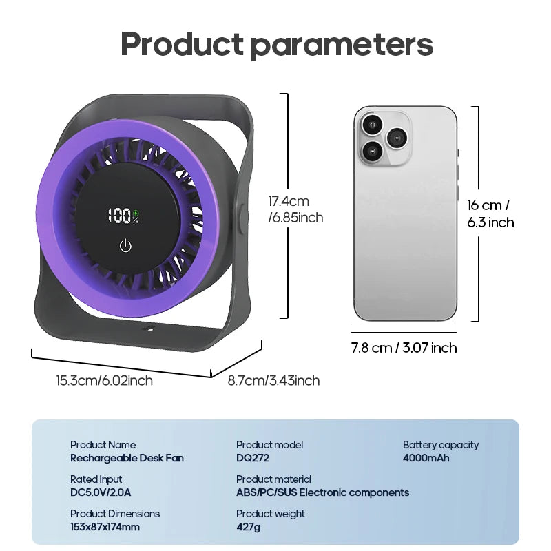 Newest Portable 4000mAh Rechargeable Table Fan Angle Adjustable Wall Fan Remote Control Touch Screen Mini High-speed Cooling Fan